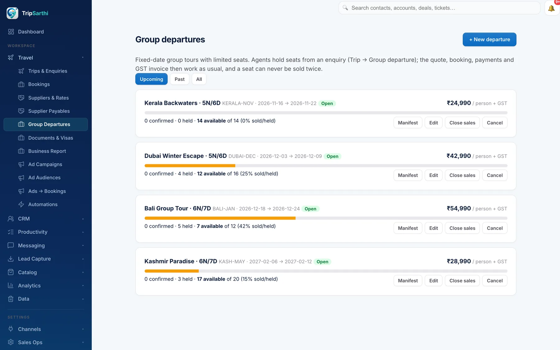 Group departures with seat inventory for a tour operator